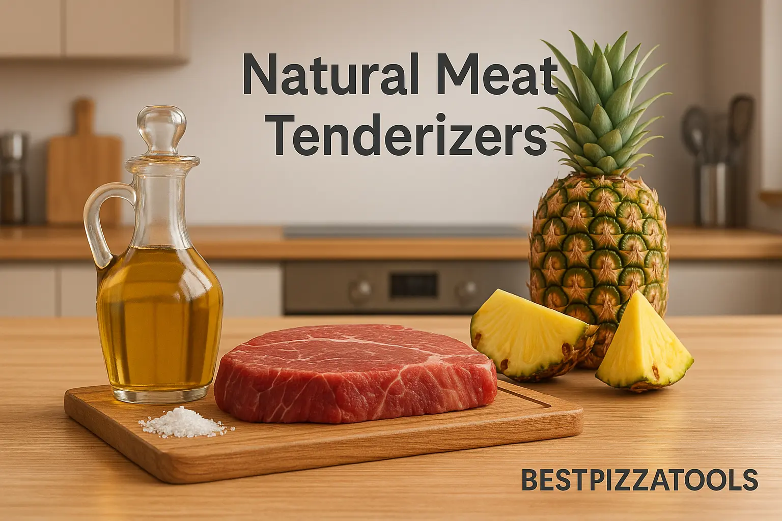 3D image of a chuck roast being tenderized with a meat mallet, with vinegar and pineapple used as natural meat tenderizers, and BestPizzaTools logo included.
